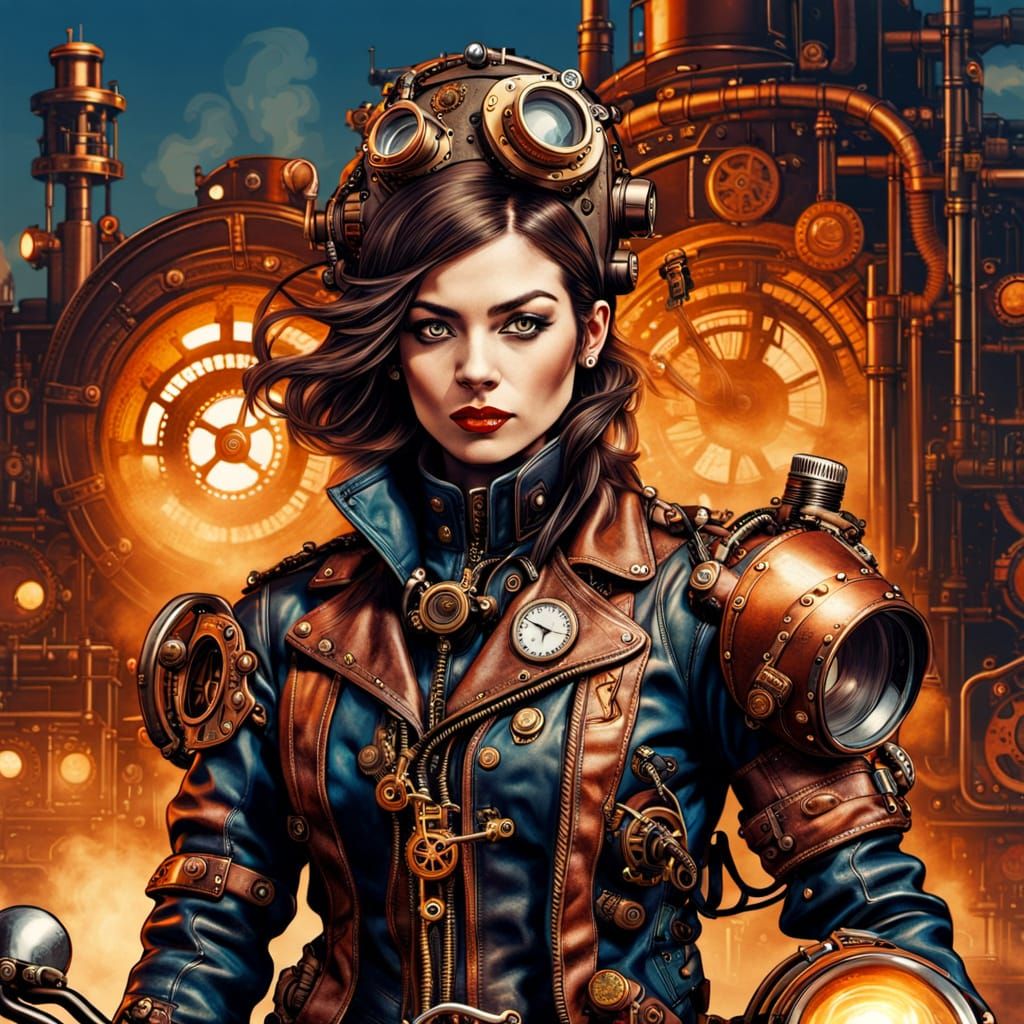 Steampunk Woman on Motorcycle in Industrial Cityscape