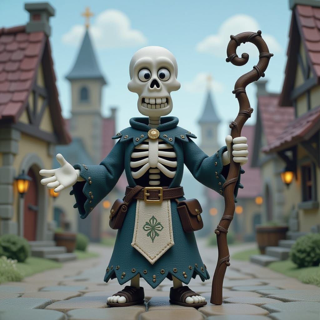 Claymation Skeleton Cleric in Medieval Village