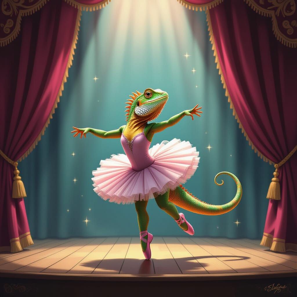 Lizard Ballerina on Stage in Digital Art Style