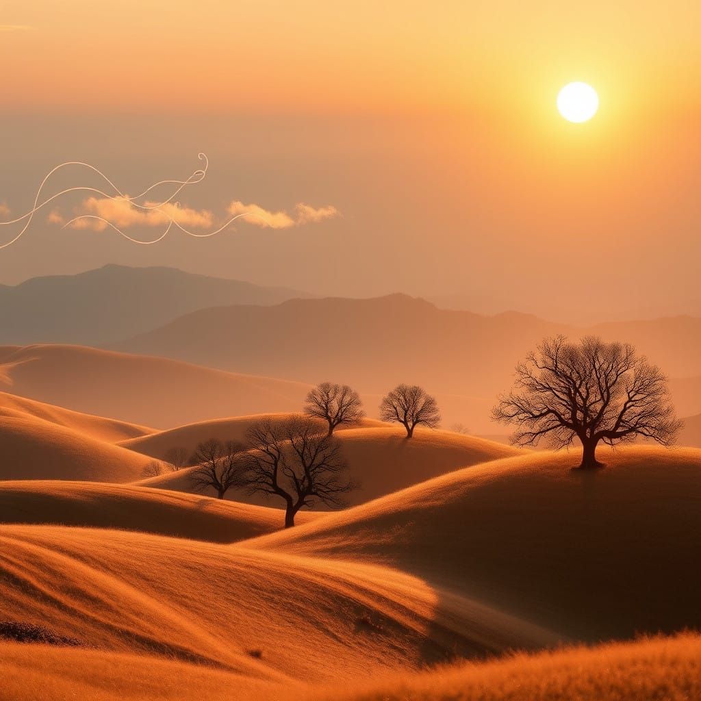 Golden Hour Serenity: Undulating Hills and Silhouetted Trees