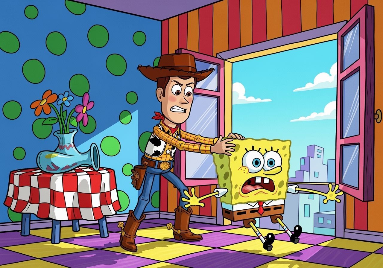 Woody Pushes SpongeBob Out Window in Cartoon Style