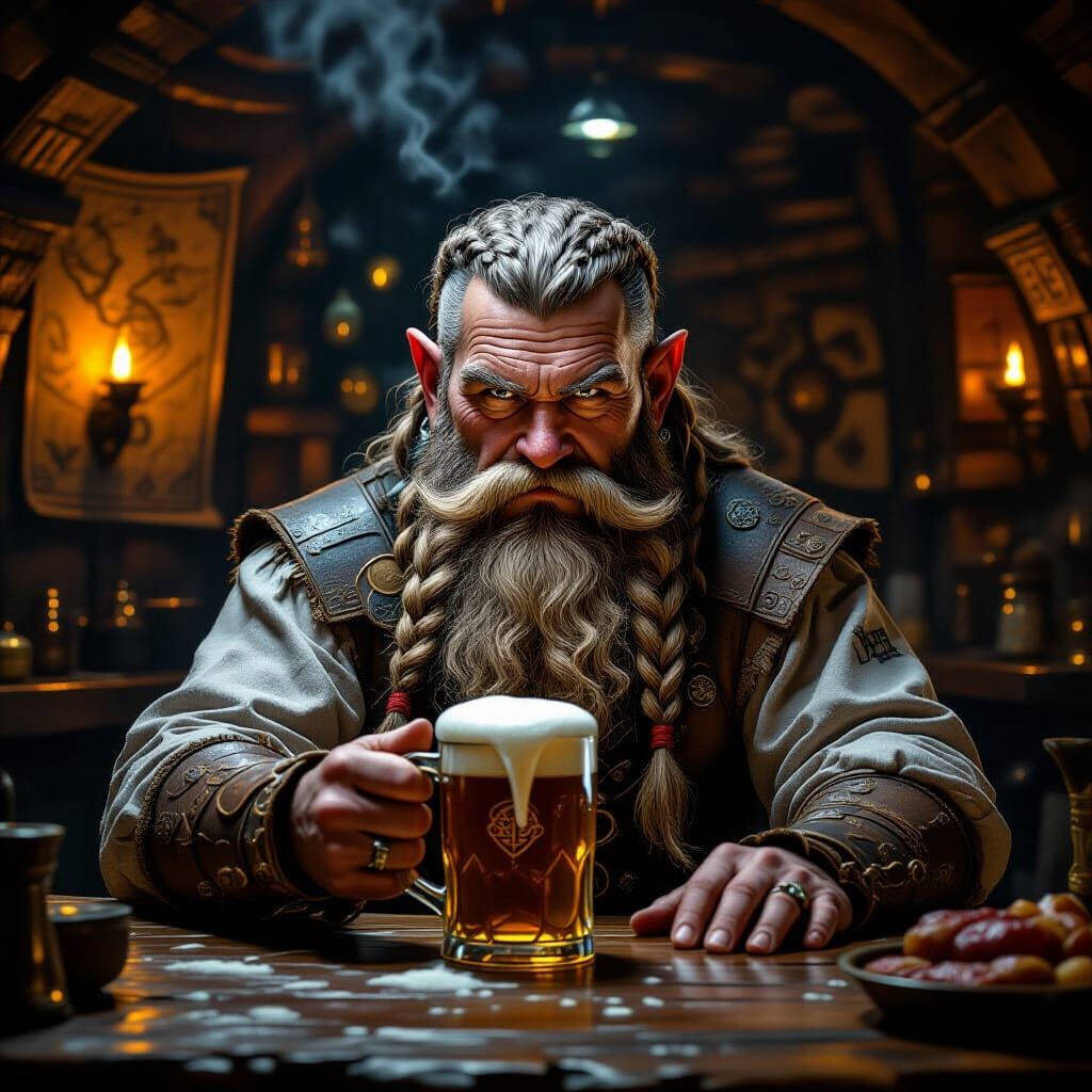 Dwarven Bartender Polishing Ale in Cozy Tavern