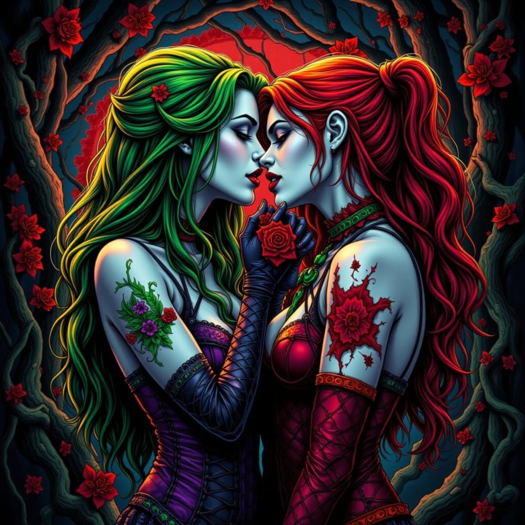 Vampire Harley Quinn and Poison Ivy Embrace
