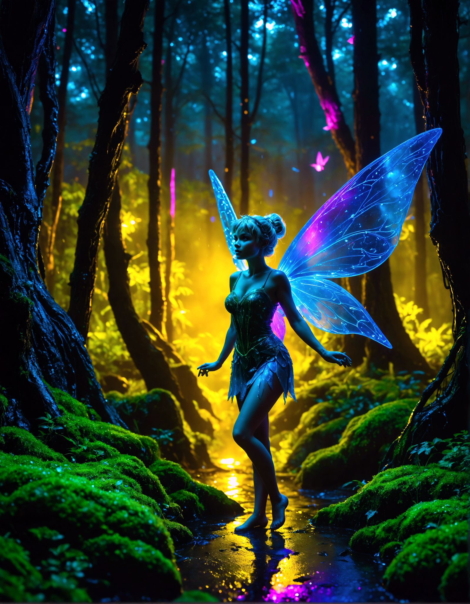 grown-up Tinkerbell in dark enchanted forest