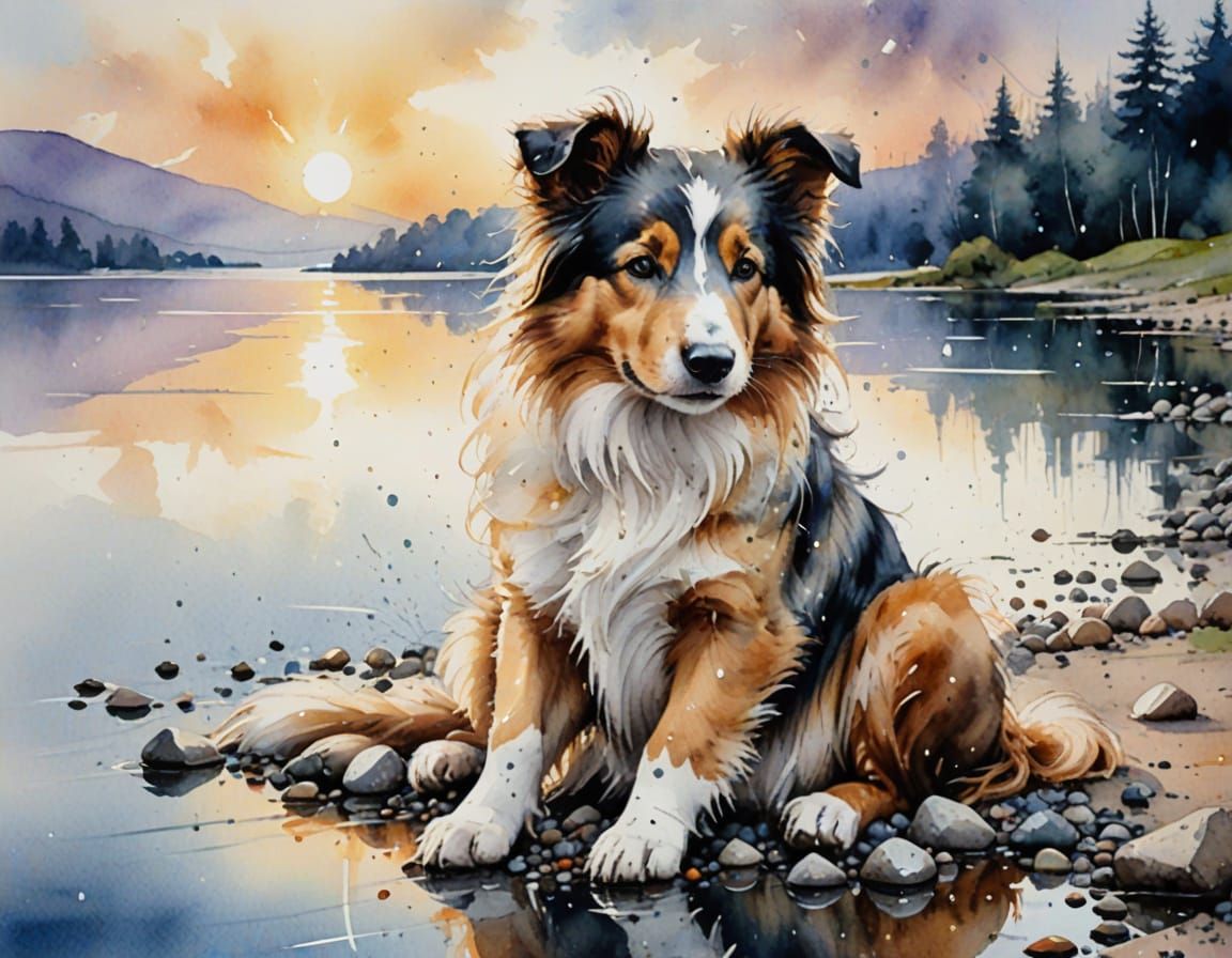 Joyful Collie Puppy by Serene Lake Shore