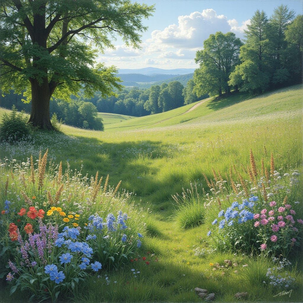 Softly Lit Landscape with Vibrant Wildflowers