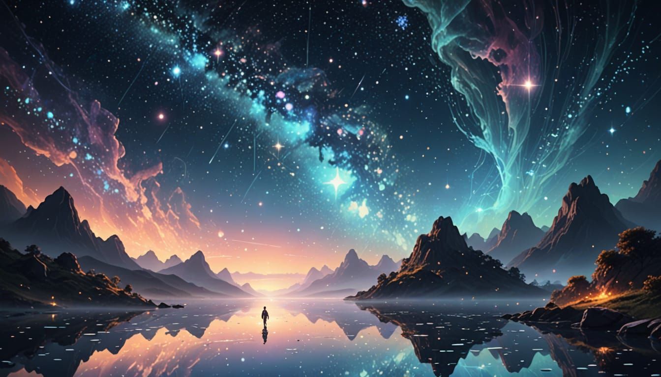 Ethereal Digital Painting of a Person in a Starry, Watery Wo...