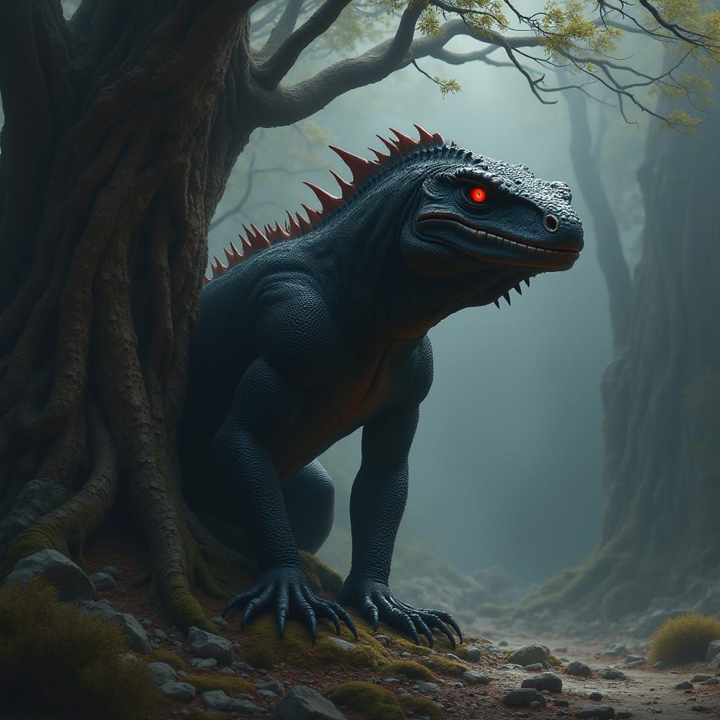 Ominous Black Lizard with Red Eyes by a Tree