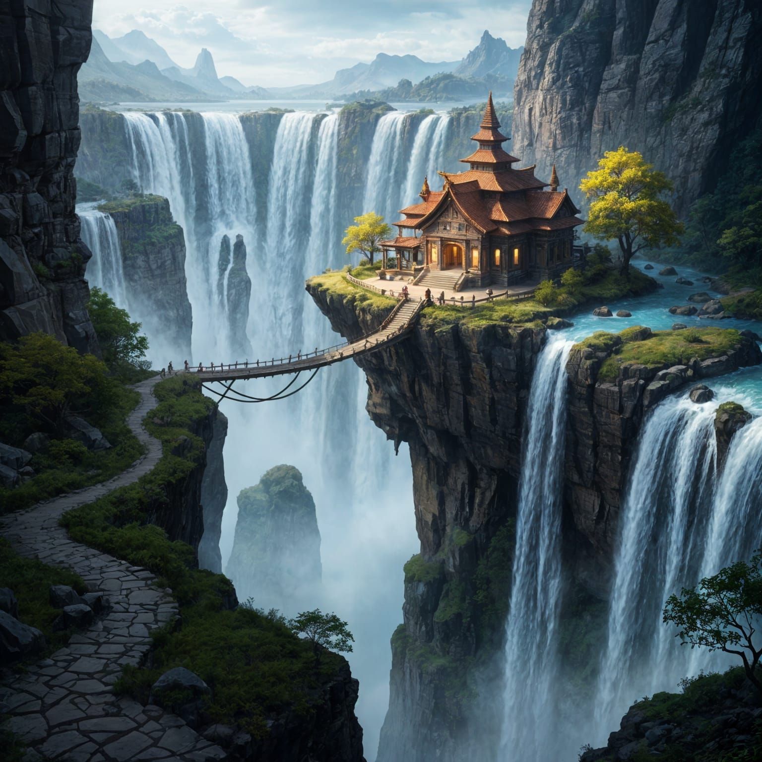 Cozy Temple Overlooking Giant Waterfalls in Mist