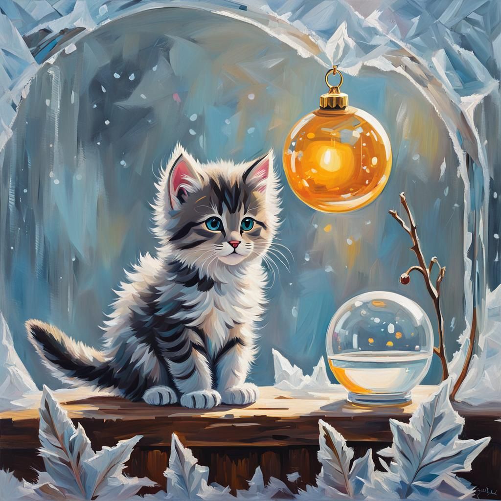 Frozen Kitten: Adorable Ice Sculpture in Acrylic Style