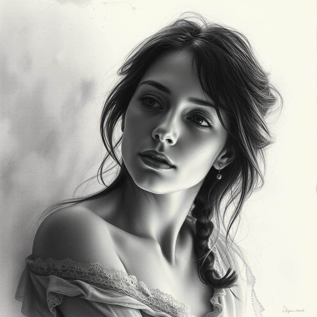 Serene Woman Lost in Thought, Hyperdetailed Charcoal Portrai...