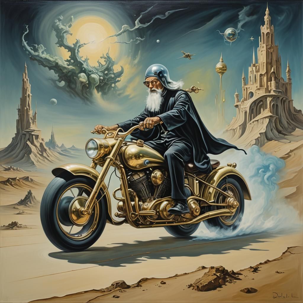 A wizard riding a futuristic motorcycle. surrealism Salvador Dali matte background melting oil on canvas