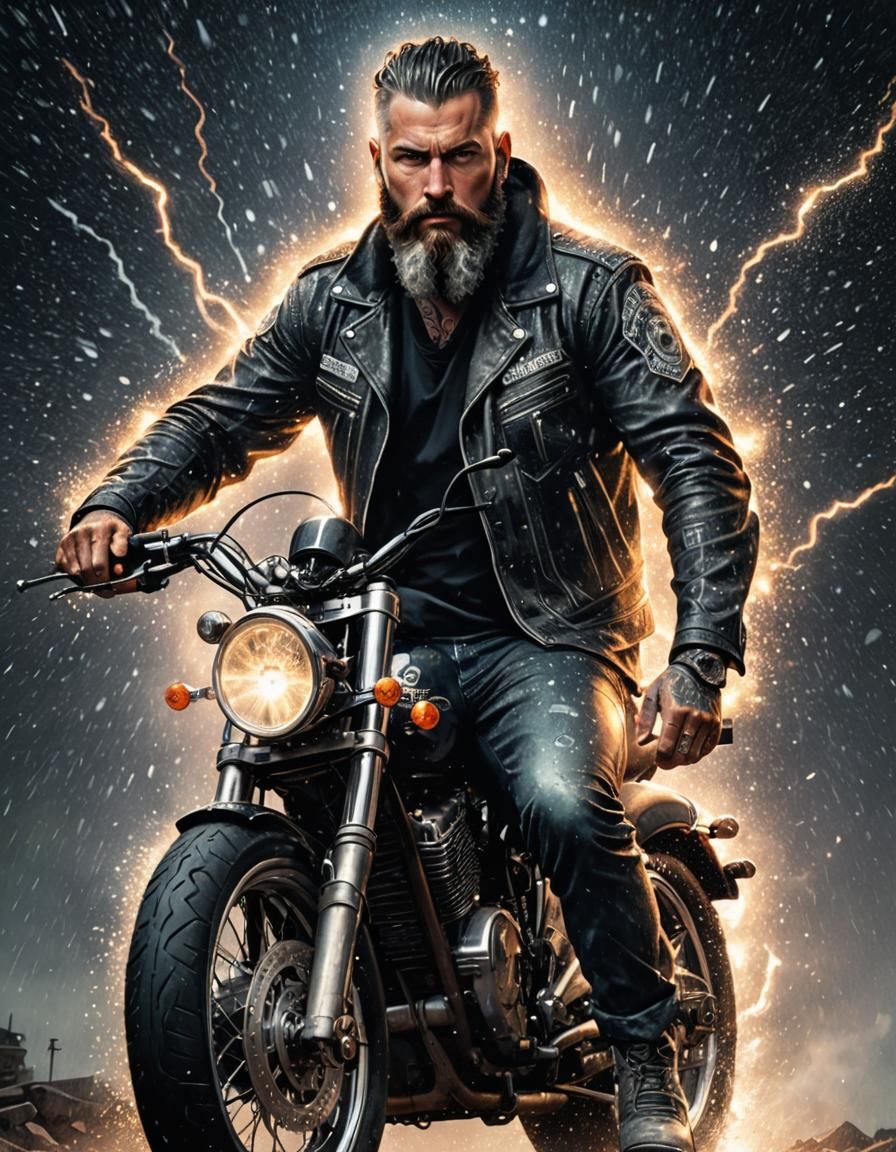 Biker in Eldritch Kinetic Storm: Pointillism Mosaic