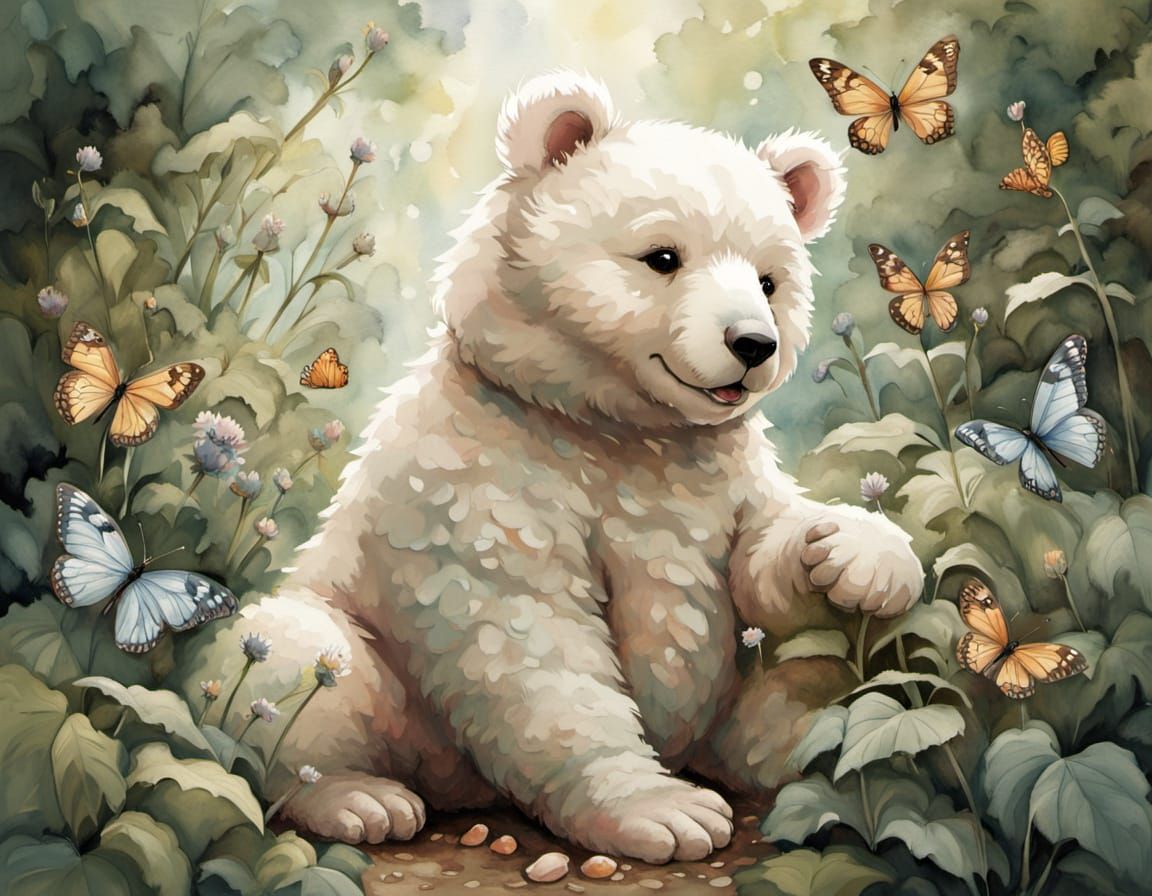 Teddy Bear's Butterfly Garden: Watercolor Illustration