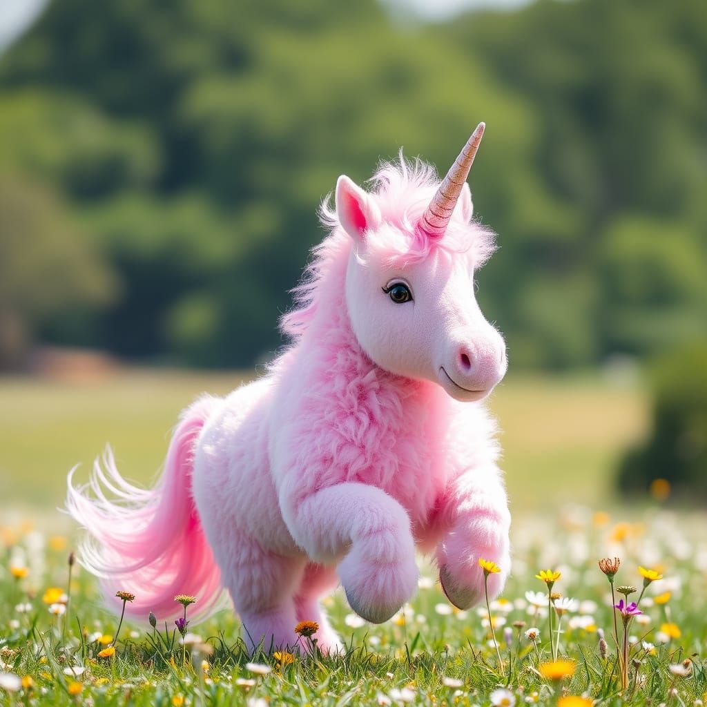 Surreal Pink Unicorn Prances in Vibrant Meadow