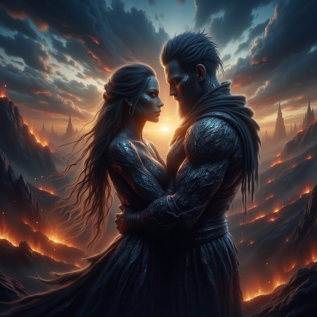 Viking Couple Embrace in Dramatic Landscape