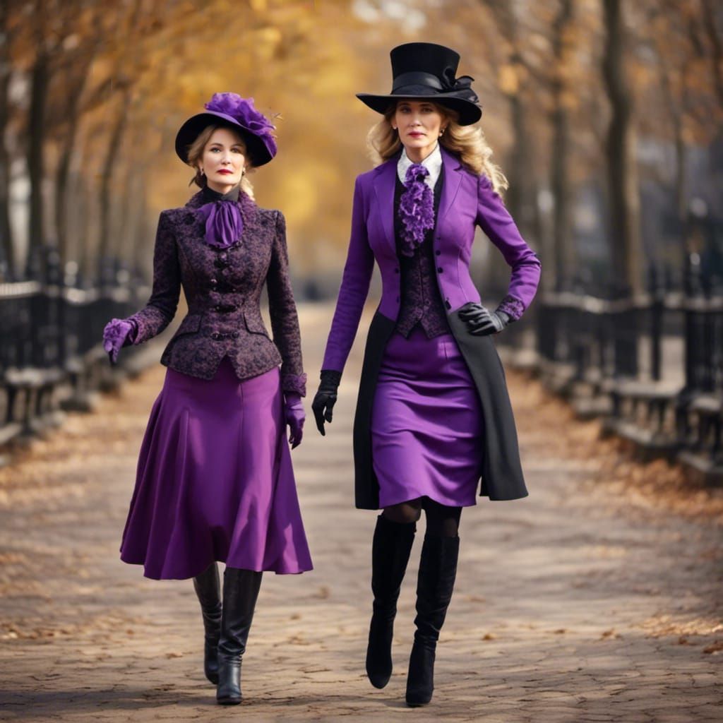 Victorian Women in Purple Suits and Gaudy Hats