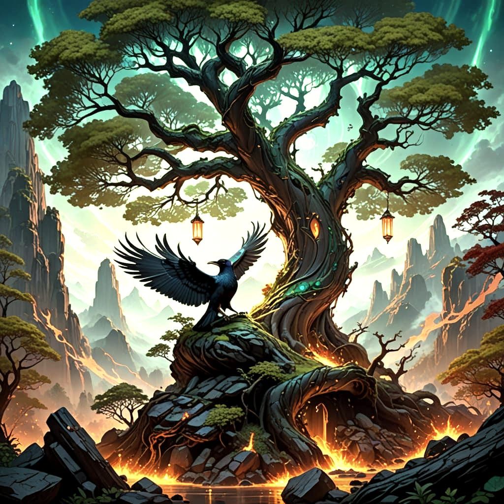 Mystical Emerald Tree Amidst Lava and Fire