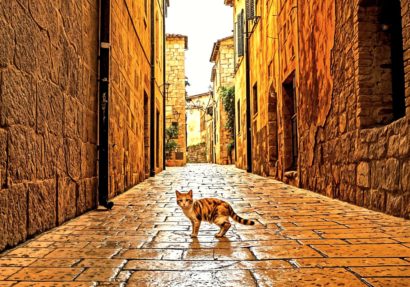 Kitten Explores Mediterranean Street in Watercolour Style