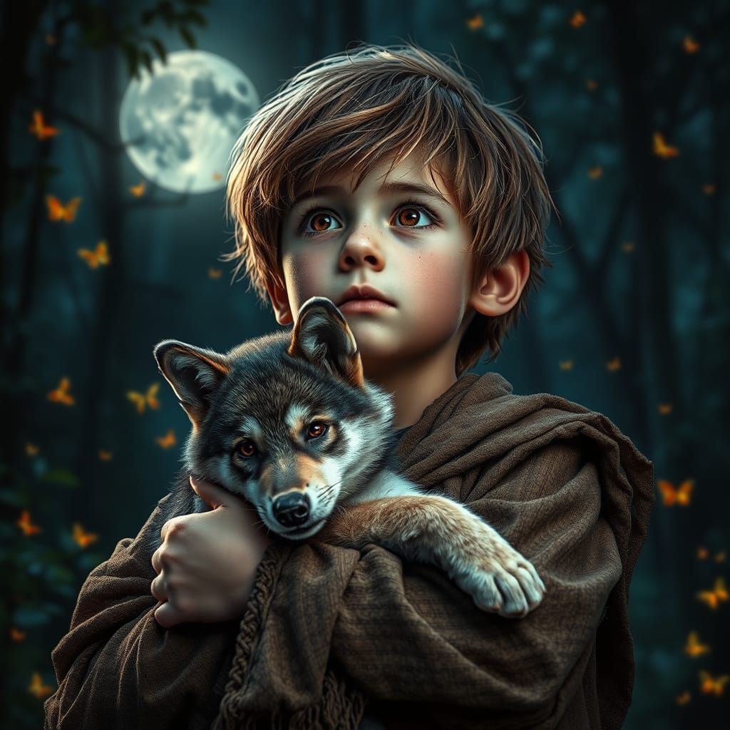 Boy in Rags with Wolf Cub in Moonlit Forest