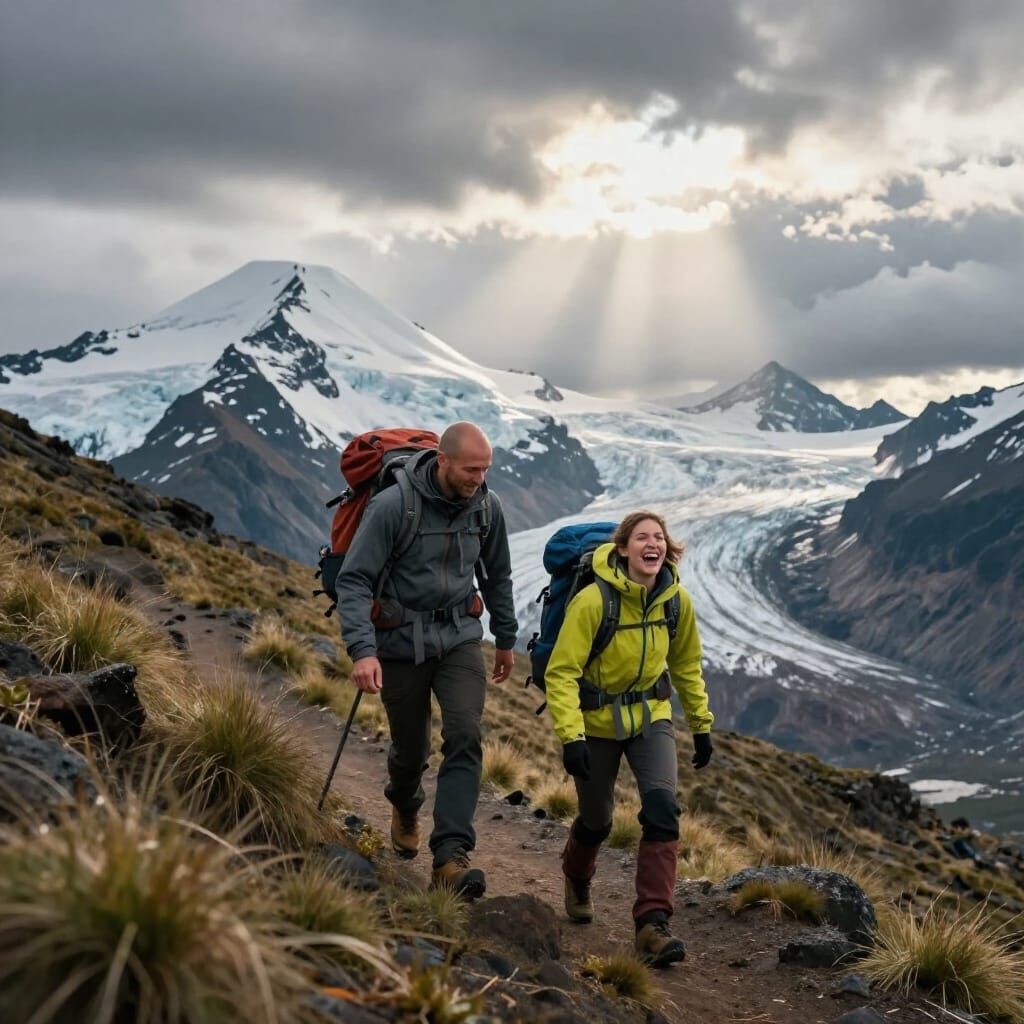 Hikers on Volcanic Ridge Under Snowy Mountains