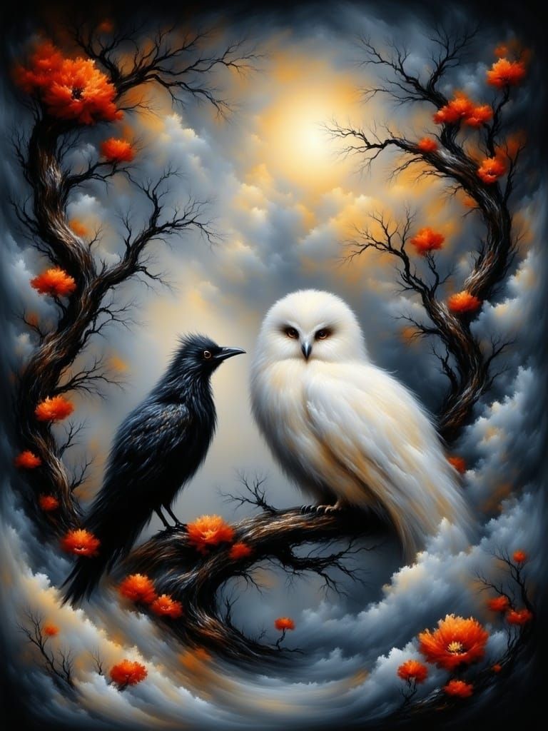 Serene Moonlit Garden Scene with Snowy Owl and Raven