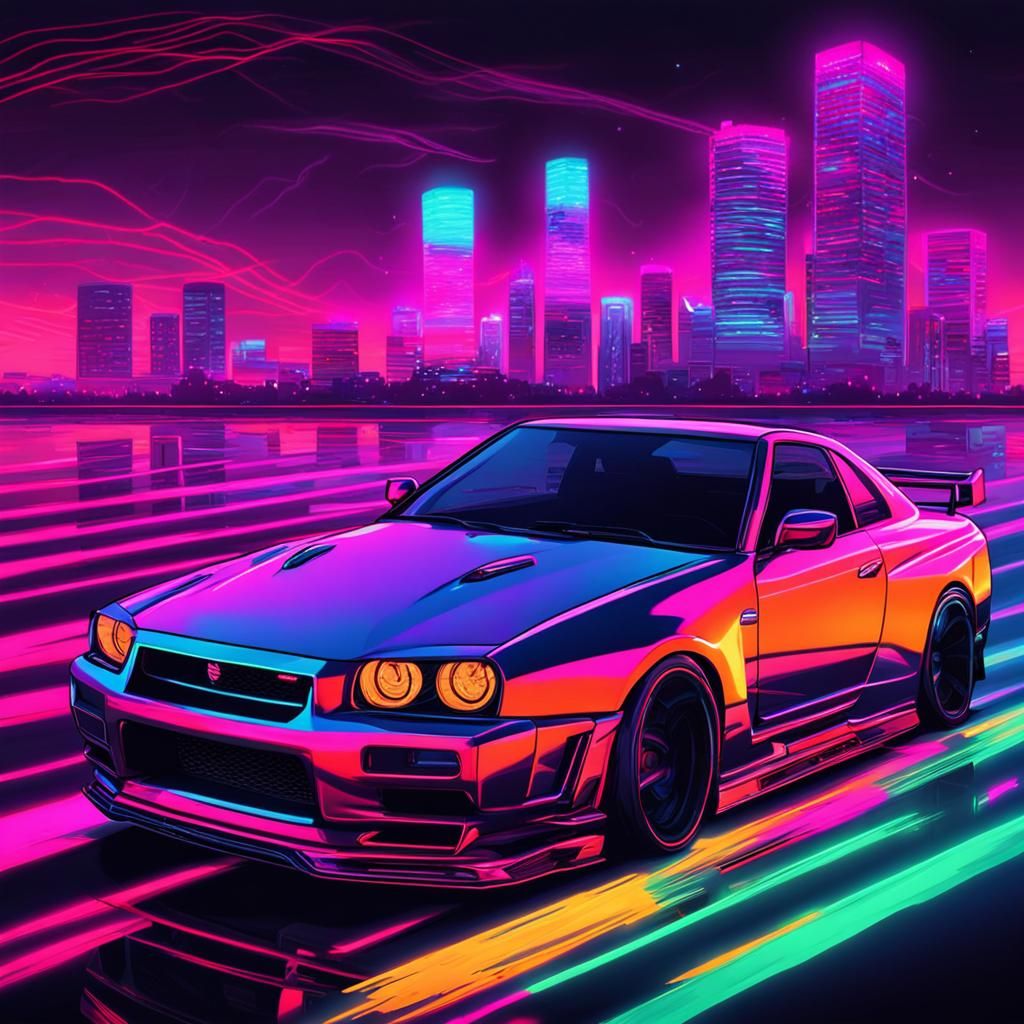 Floating Nissan GTR in Synthwave Neon Style
