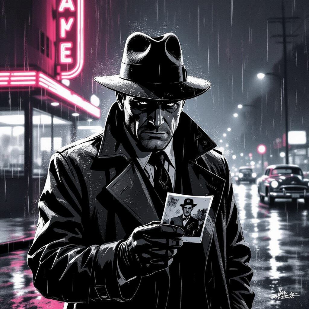 Noir Detective in Rain-Slicked 1950s Los Angeles