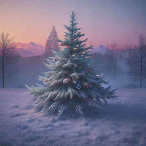 Festive Fir Branch with Ornaments in Winter Twilight