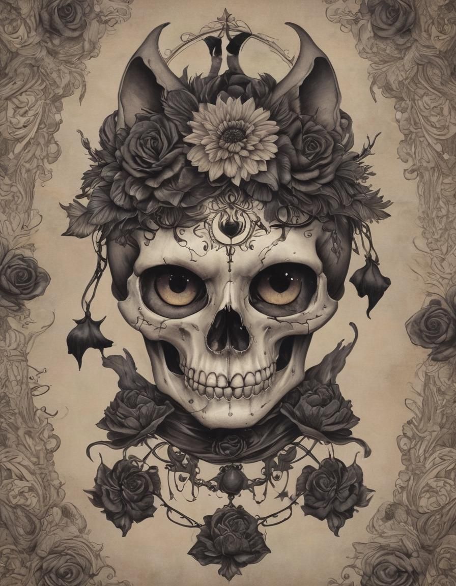 Dark Fantasy Cat Skull Tattoo with Roses