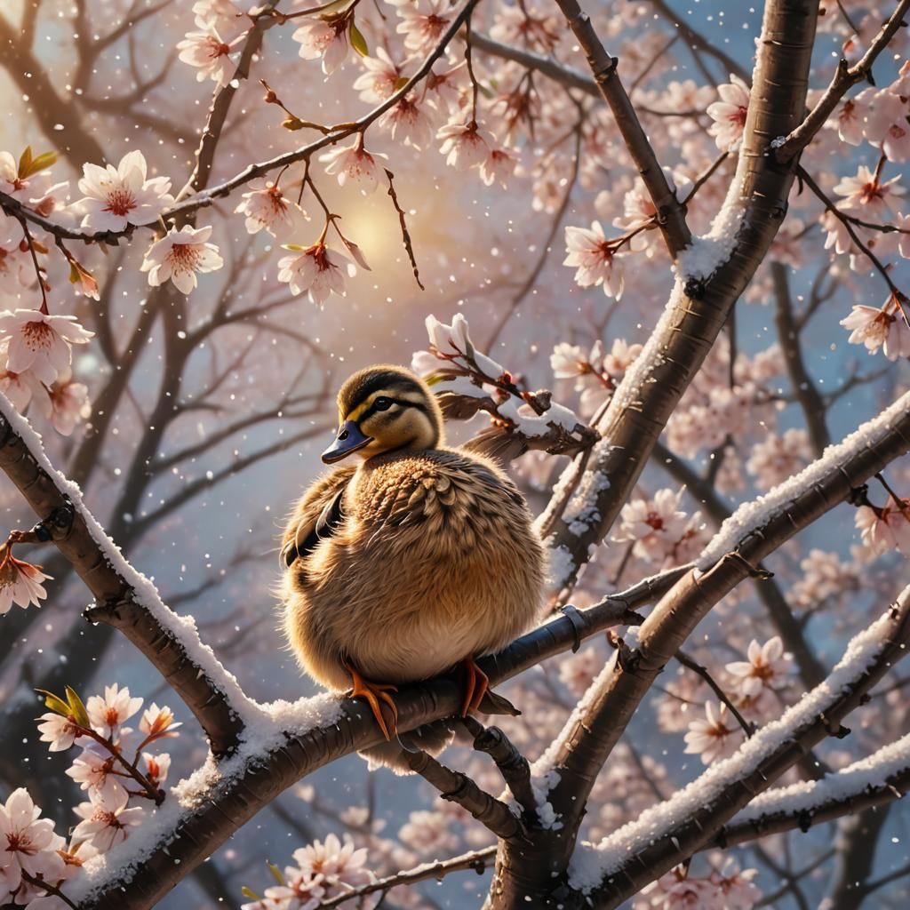 Baby Duck in Snowy Cherry Blossoms, Digital Painting