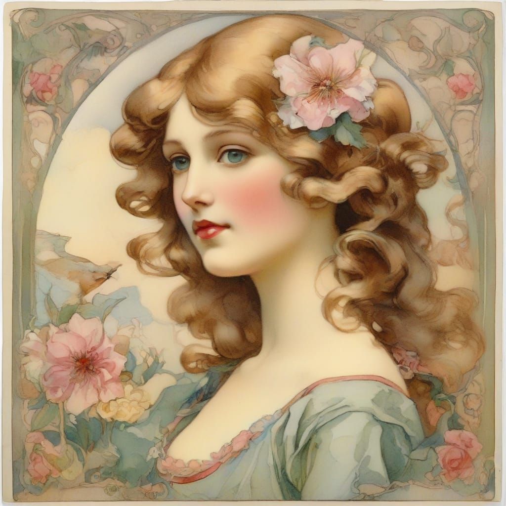 Romantic Watercolor Love Letter in Whimsical Art Nouveau Sty...