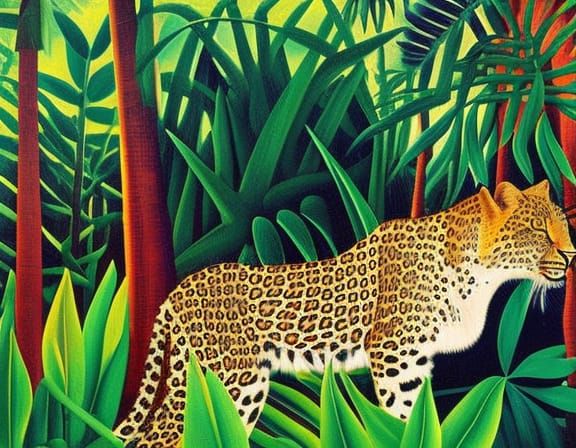 Leopard in Jungle Oasis: Post-Impressionist Style