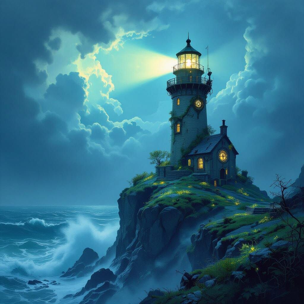 Ancient Lighthouse with Ethereal Glow on Stormy Sea