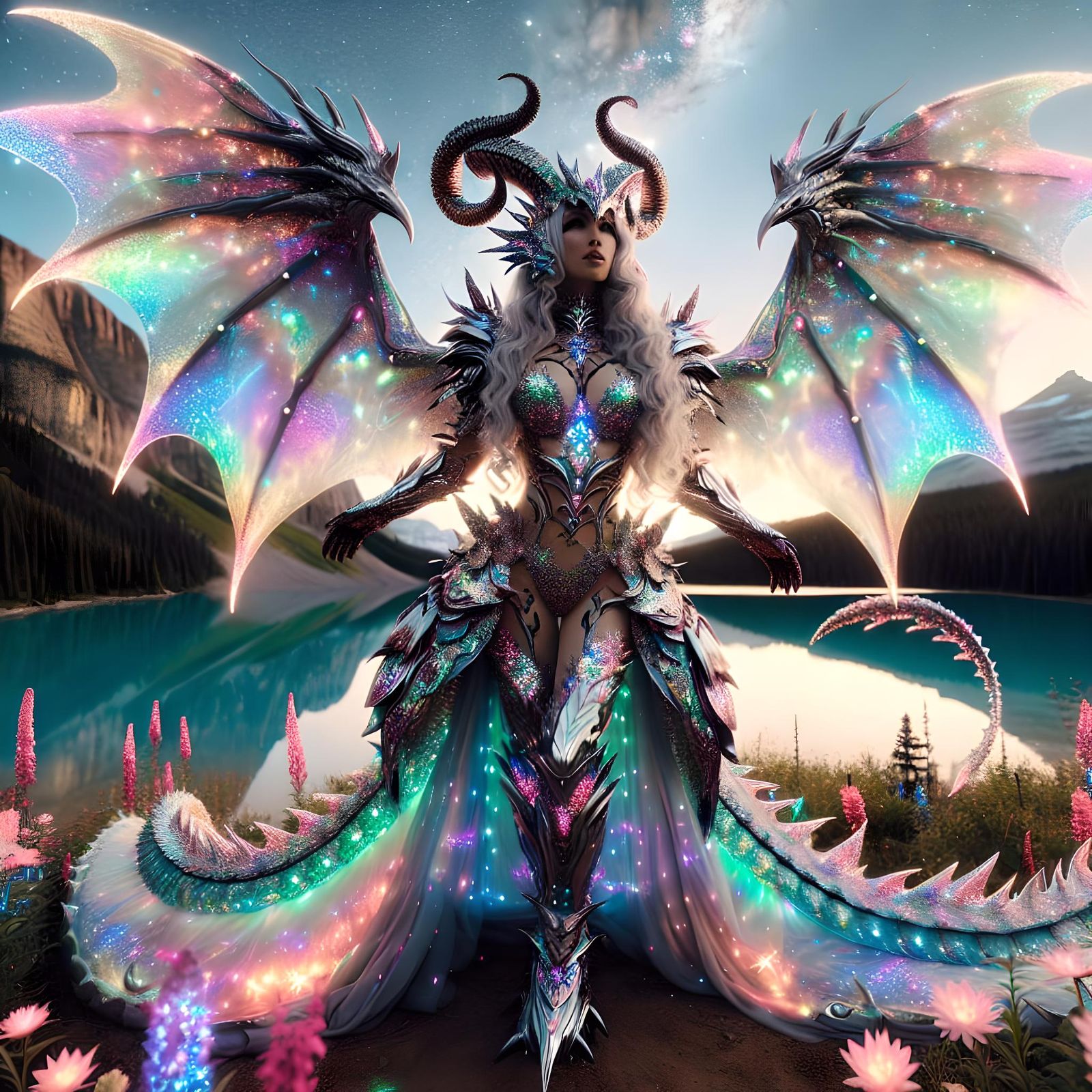 Dragon Woman in Holographic Armor, Surreal Landscape