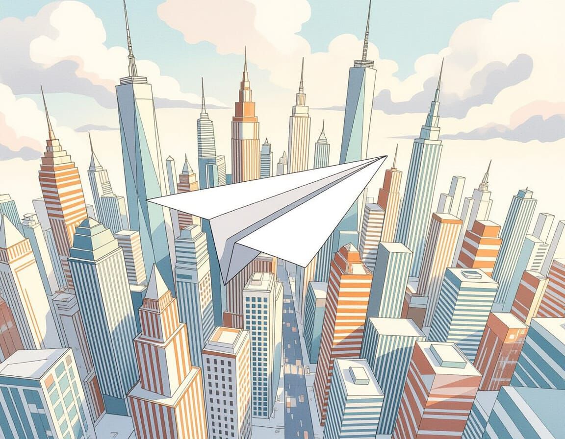 Paper Airplane Soars Over Origami Cityscape in Watercolor St...
