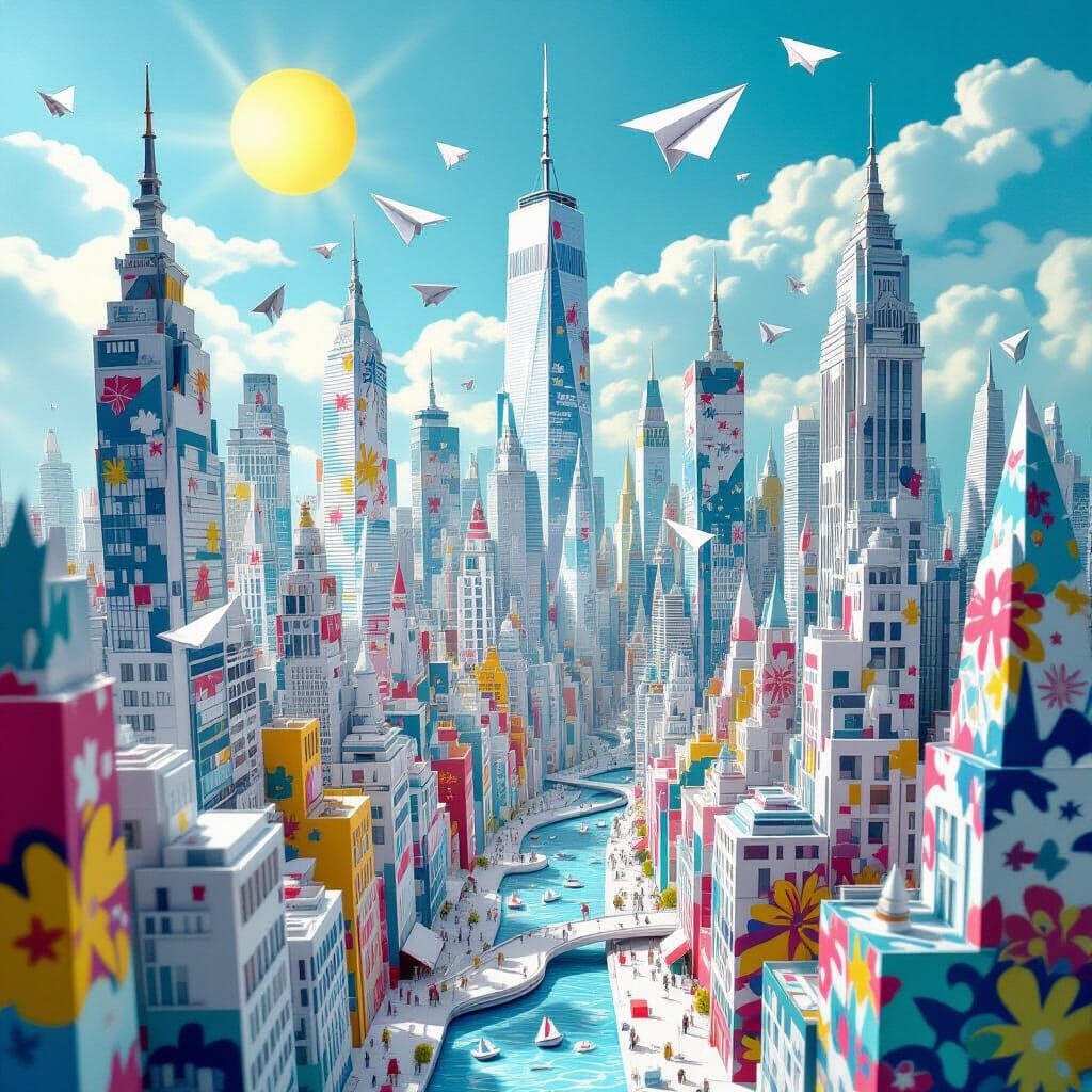 Surreal Paper Cityscape with Origami Skyscrapers