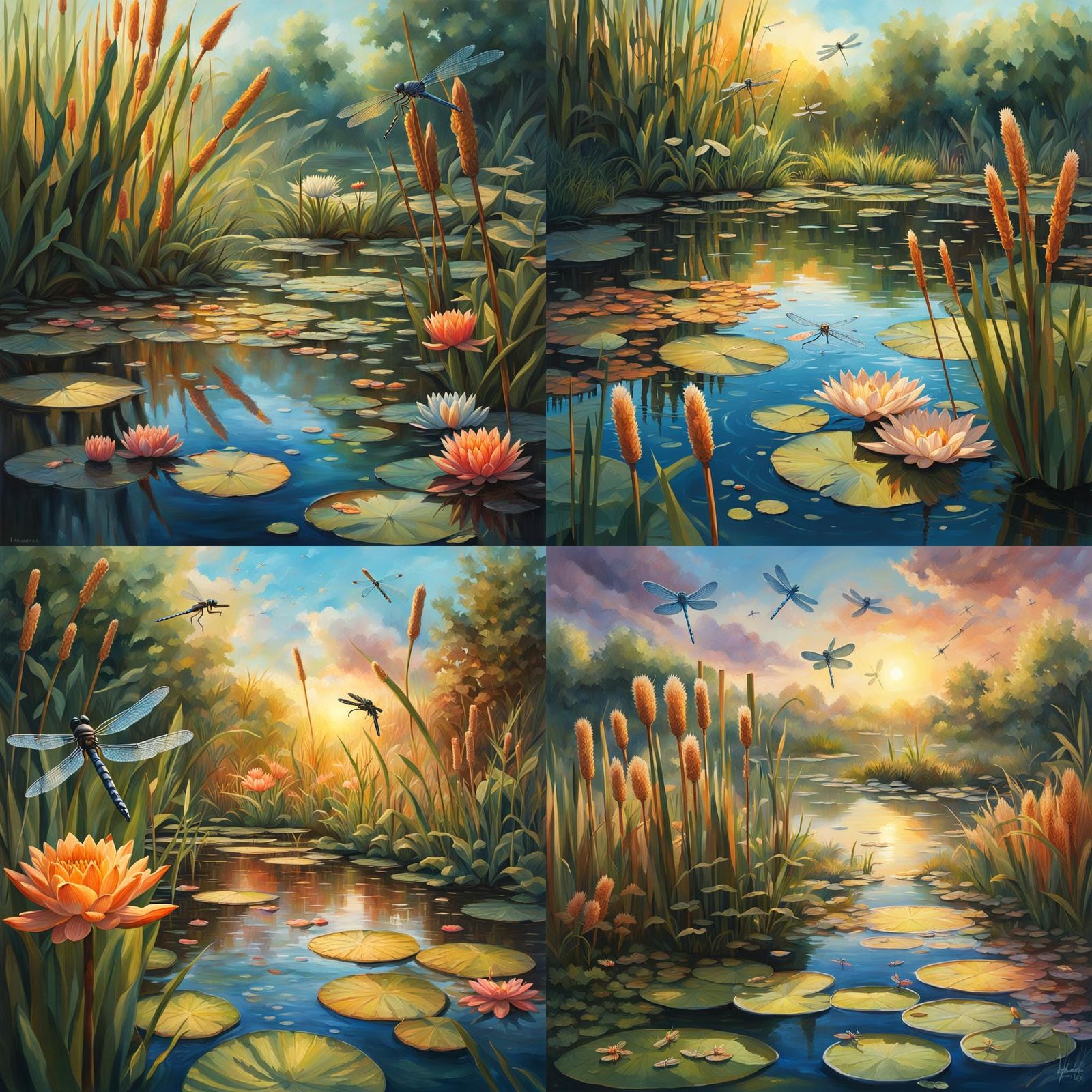 A small pond with cattails, waterlilies, and dragonflies