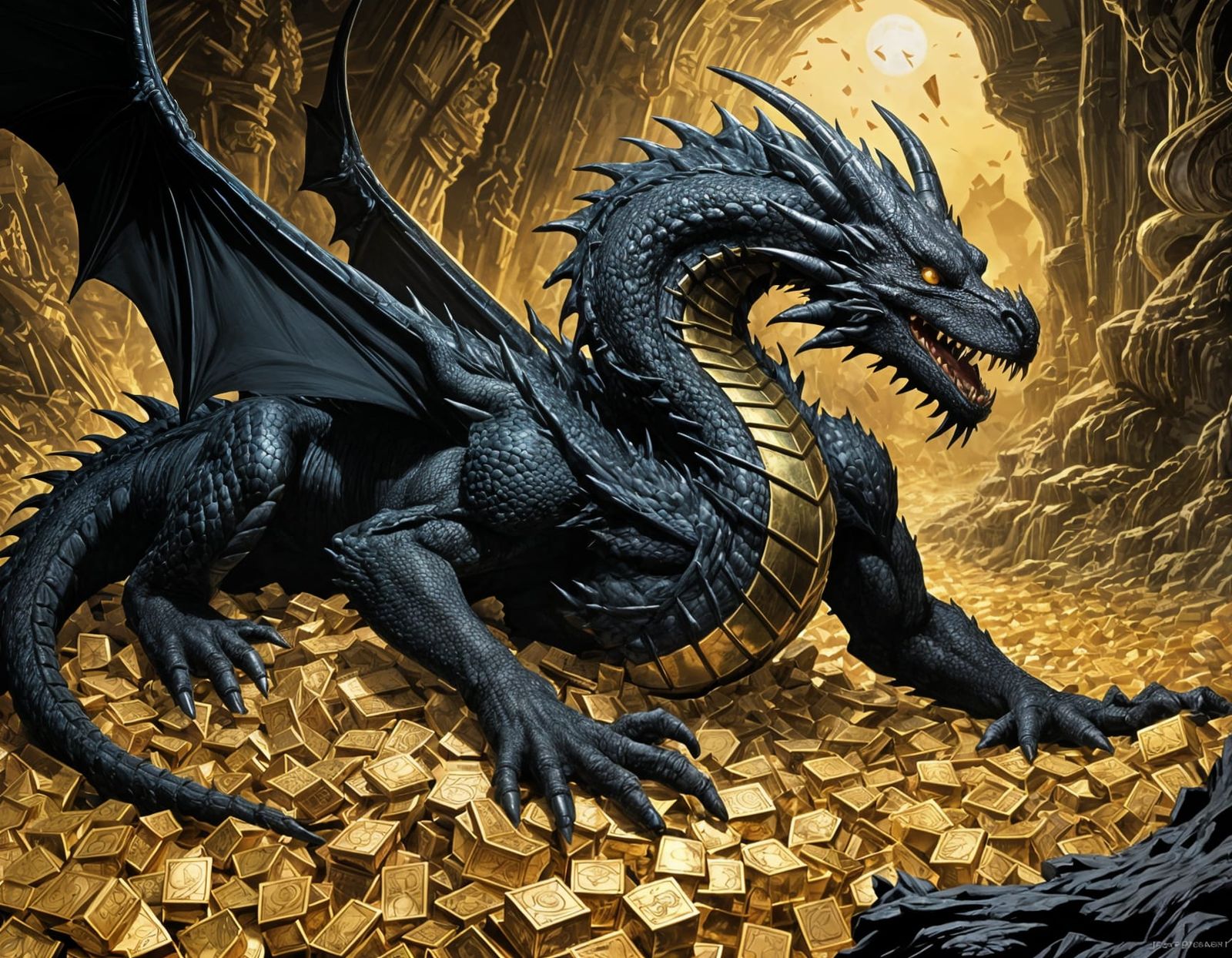 Black Dragon Sleeps on Gold Hoard in Comic Art