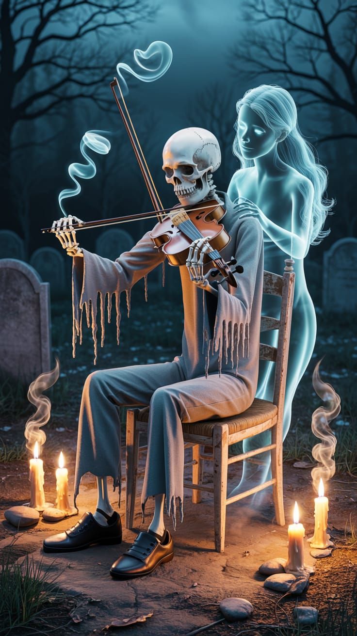 Skeleton Musician and Ghost in Moonlit Graveyard