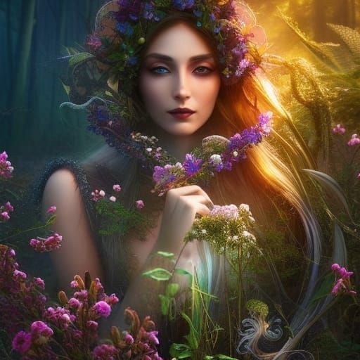Enchanting Herbal Witch in Moonlit Forest