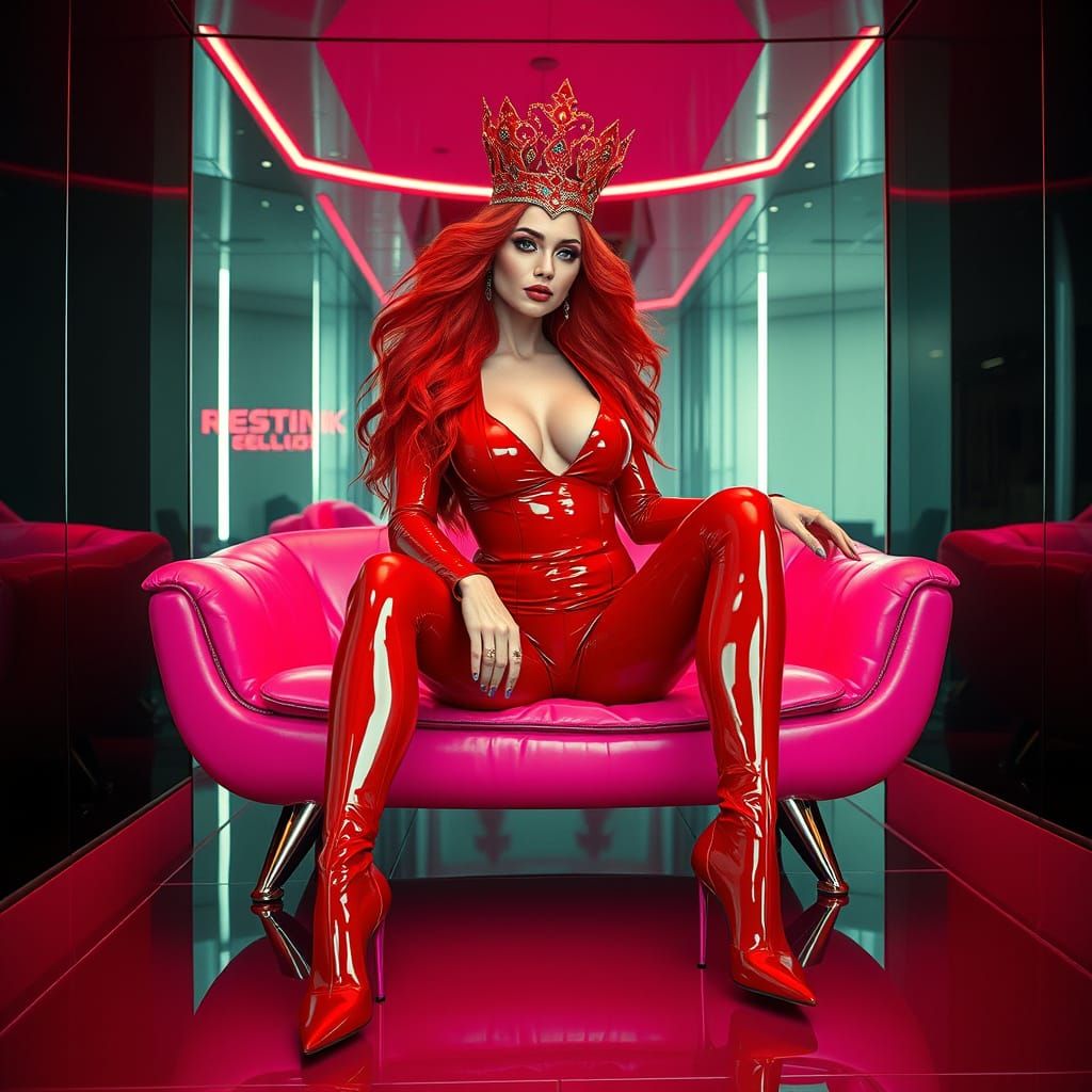 Goddess in Red PVC Suit: Hyperrealistic Cinematic Still