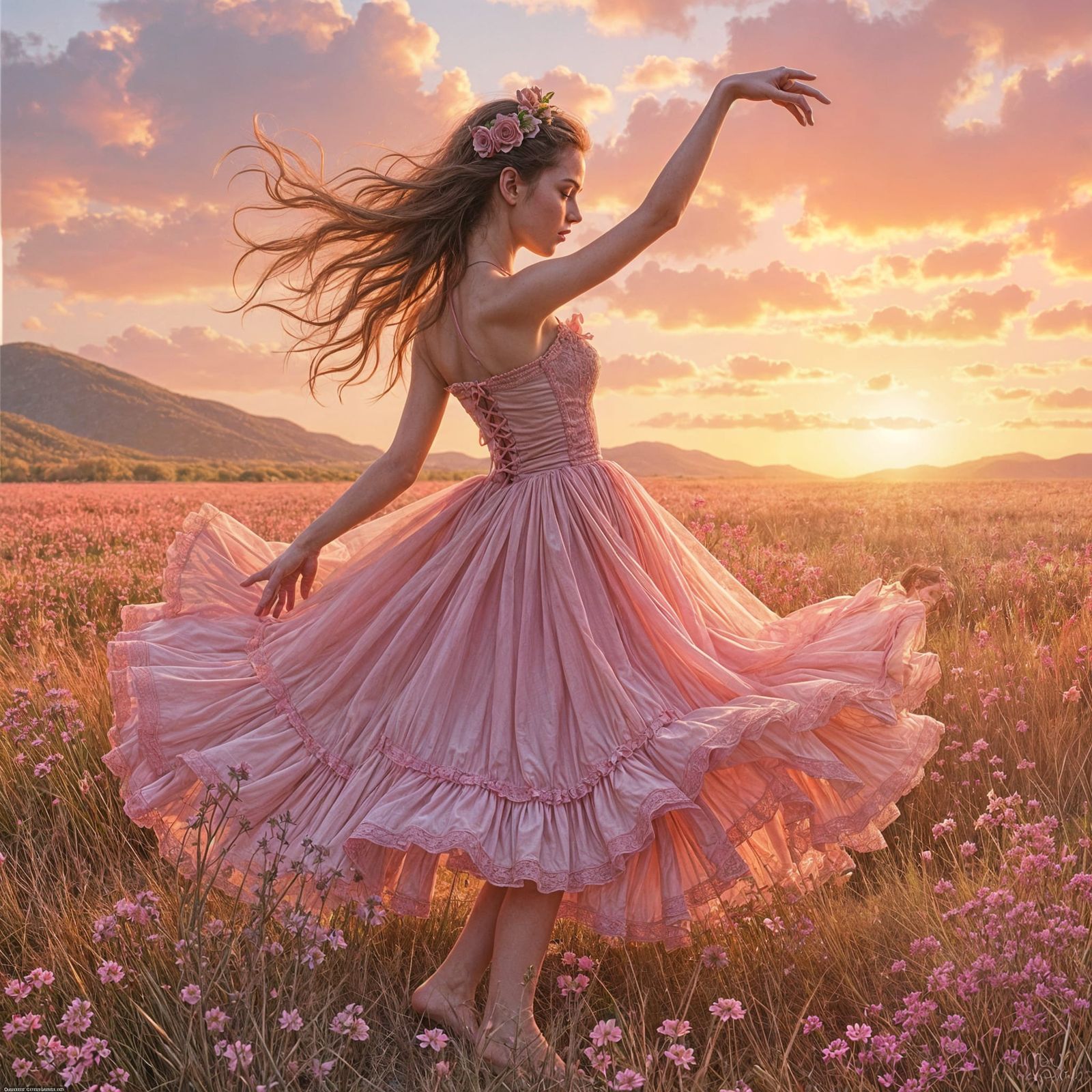 Woman Dancing in Pink Meadow, Pastel Illustration