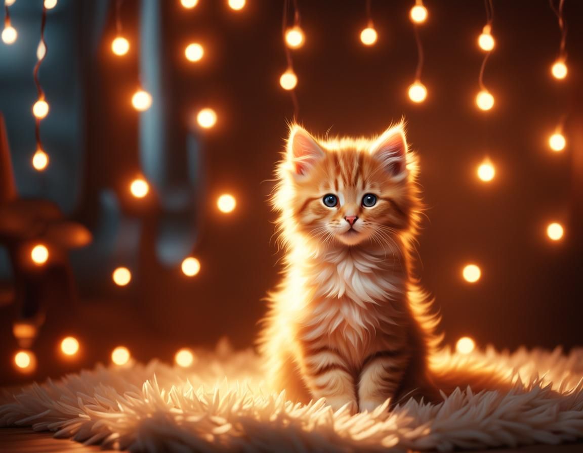 Orange Kitten Playing in String Lights: Digital Painting