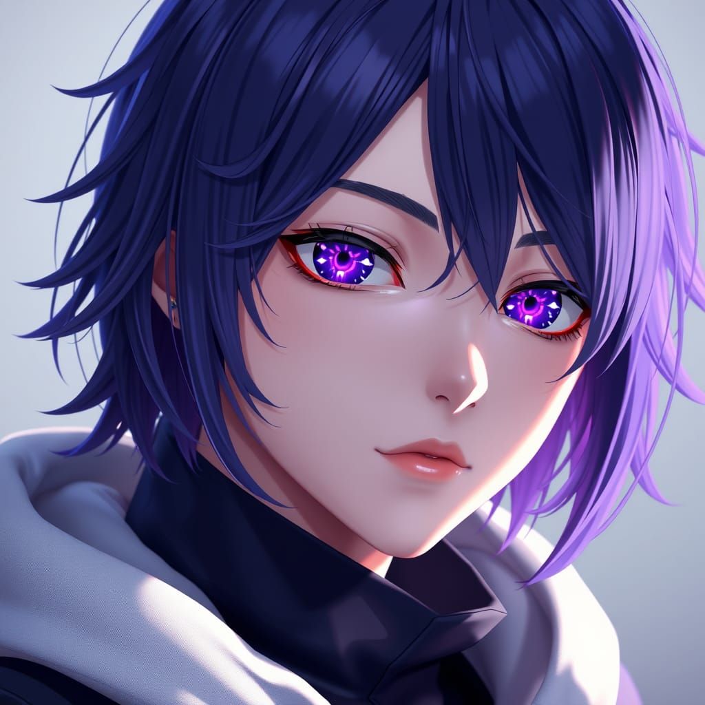 Ethereal Anime Boy with Vibrant Indigo Hair and Violet Eyes