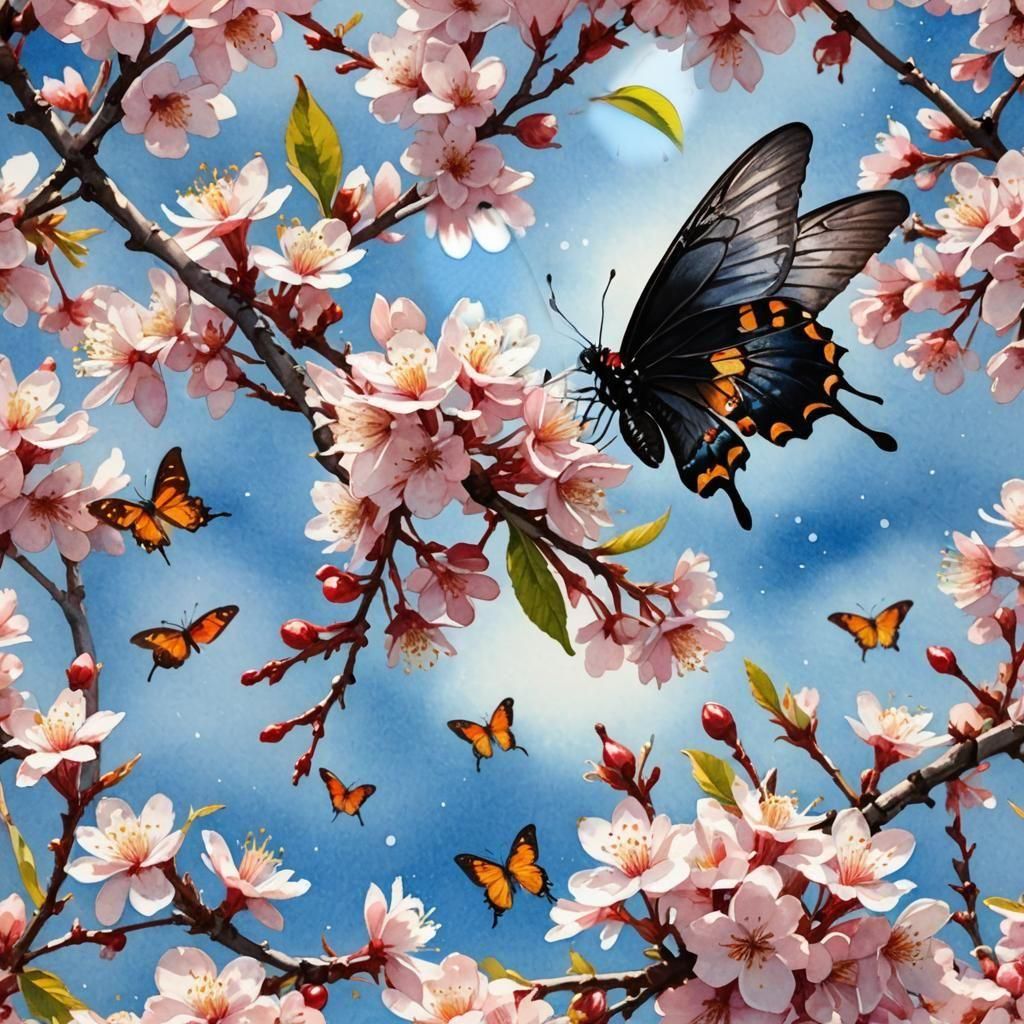 Vivid Cherry Blossoms Watercolor on Blue Sky