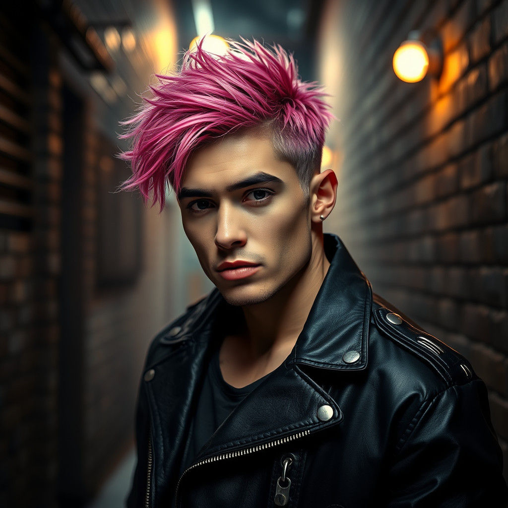 Man with Edgy Pink Hair in Atmospheric Alleyway