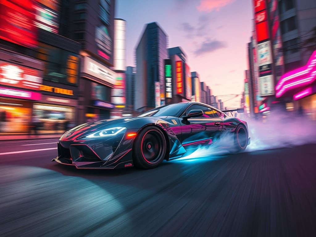 Cyberpunk Drift Racer in Futuristic Tokyo at Dusk