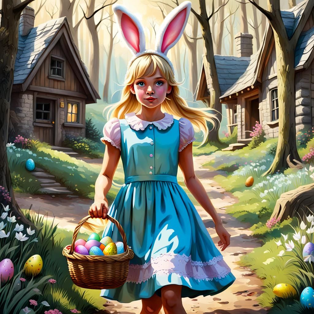 Girl's Easter Egg Hunt in the Woods: Hyperrealistic Art