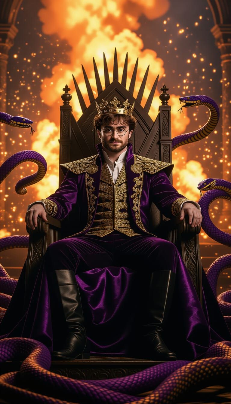 Crowned King on Throne Amidst Magic Explosion